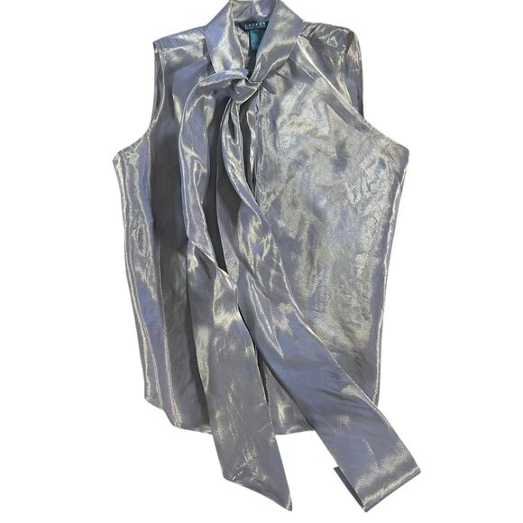 Lauren Ralph Lauren Metallic Gold Tie Neck Sleeveless Blouse Large NWT - Picture 2 of 11